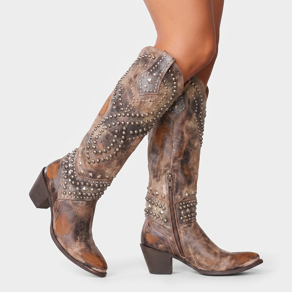 Women's Studded Knee-High Western Block Heel Pointed Toe Cowboy Boots