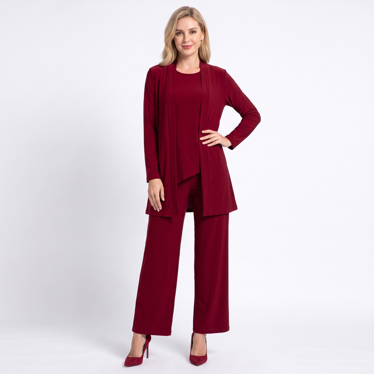 Women's Three Piece Pants Suit Set Longline Winter Cardigan Wide-Leg