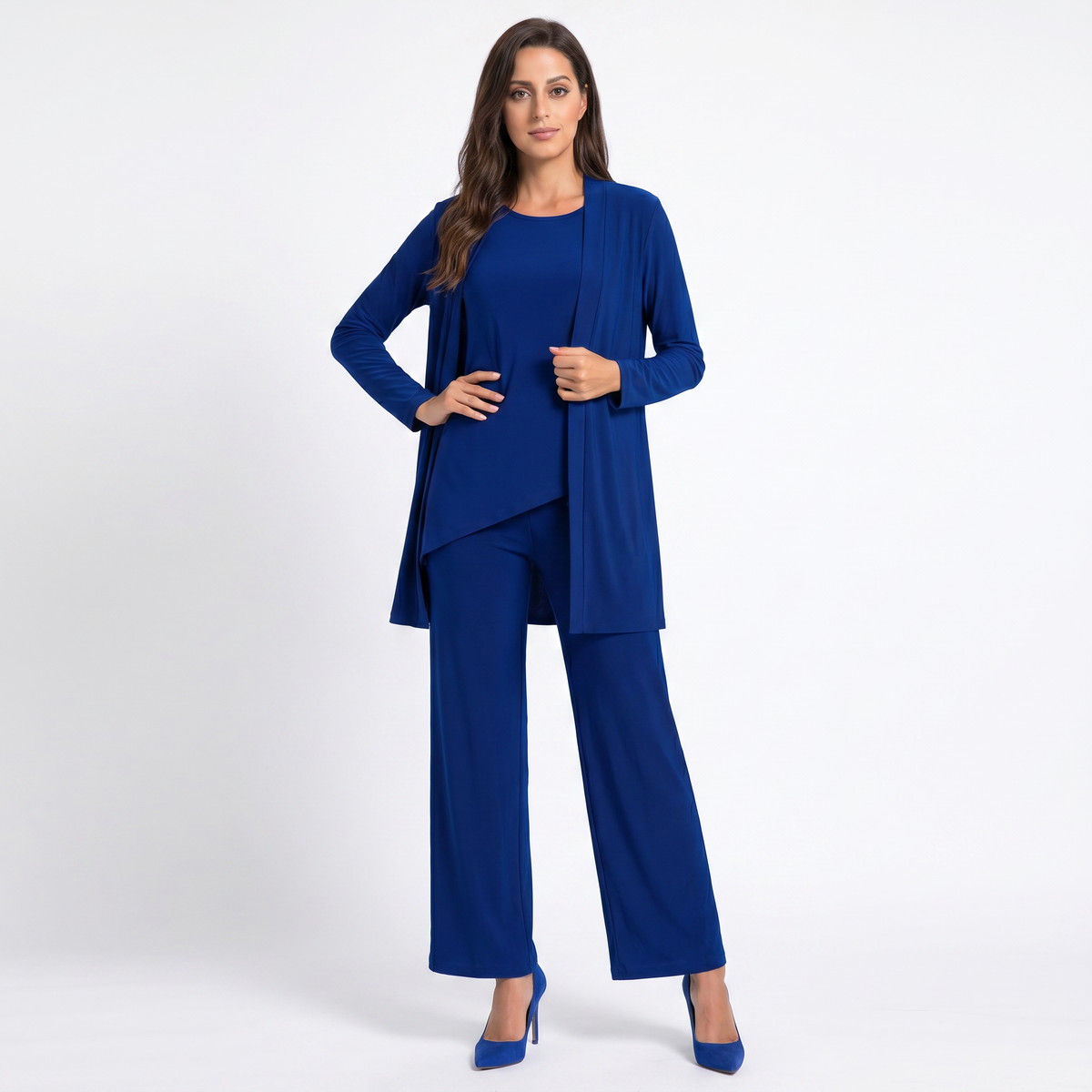Women's Three Piece Pants Suit Set Longline Winter Cardigan Wide-Leg