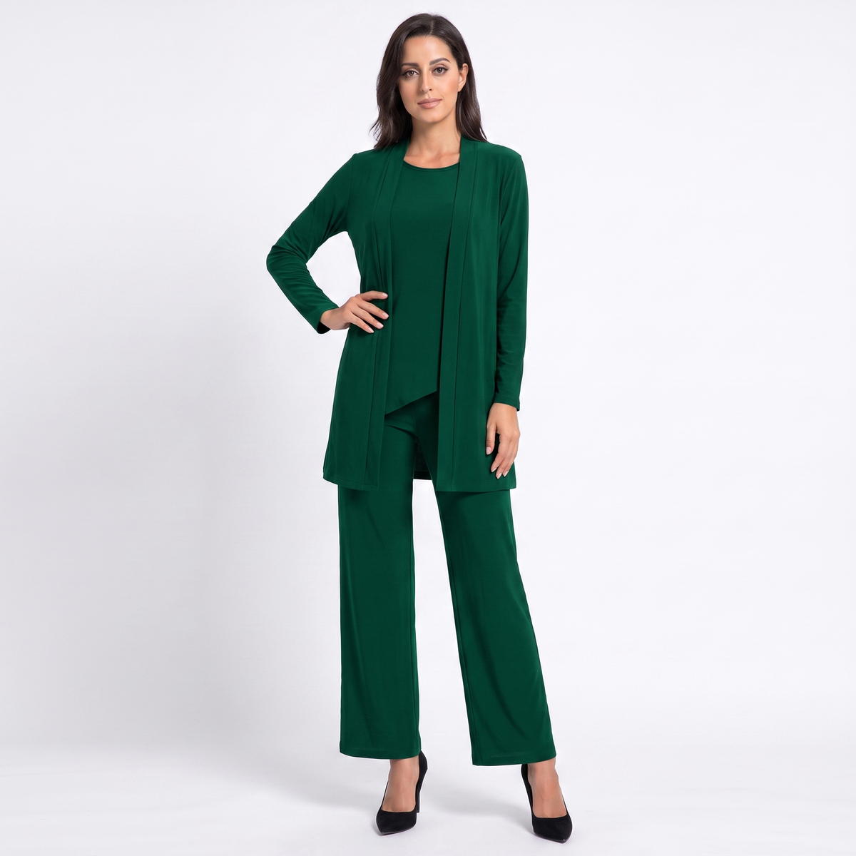 Women's Three Piece Pants Suit Set Longline Winter Cardigan Wide-Leg