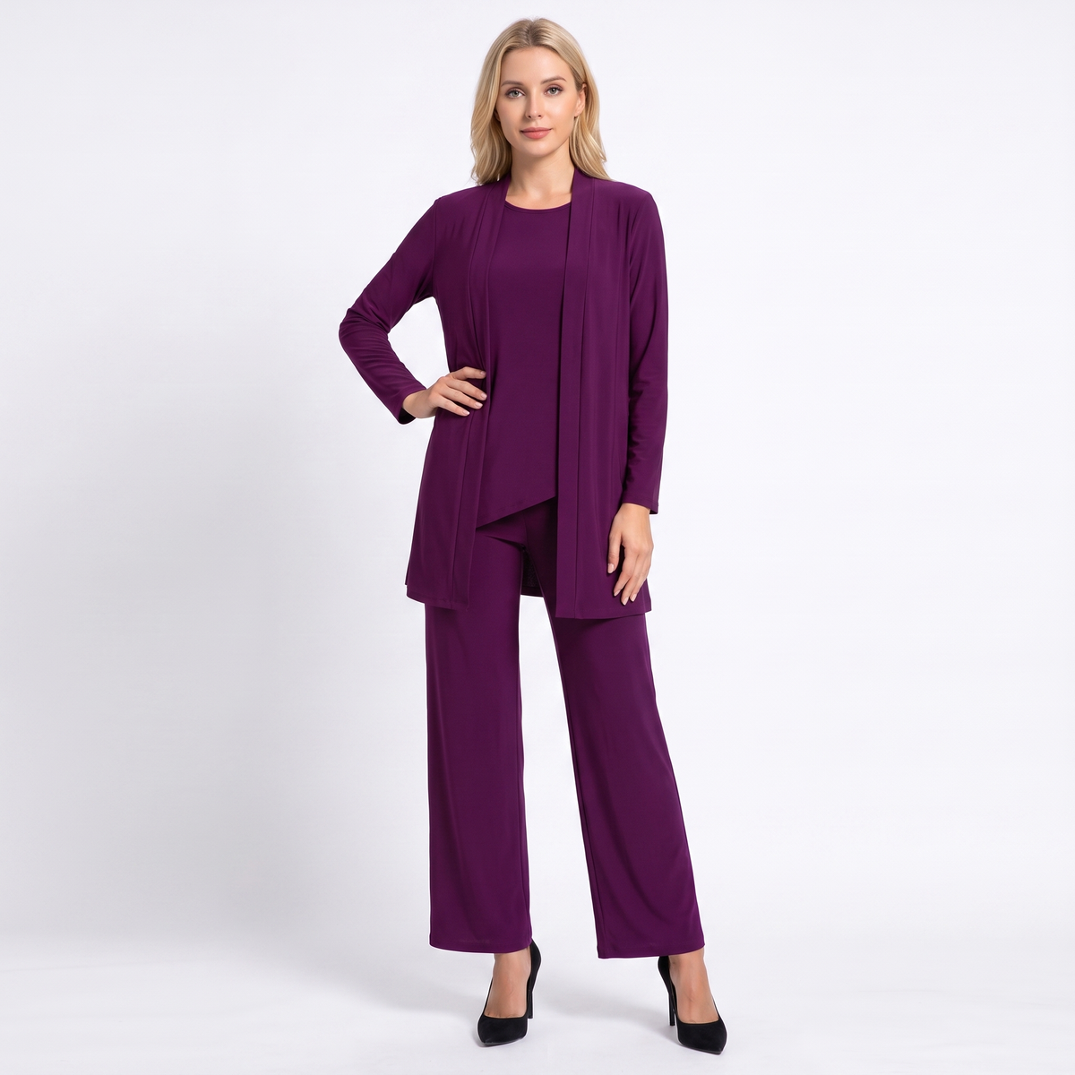 Women's Three Piece Pants Suit Set Longline Winter Cardigan Wide-Leg