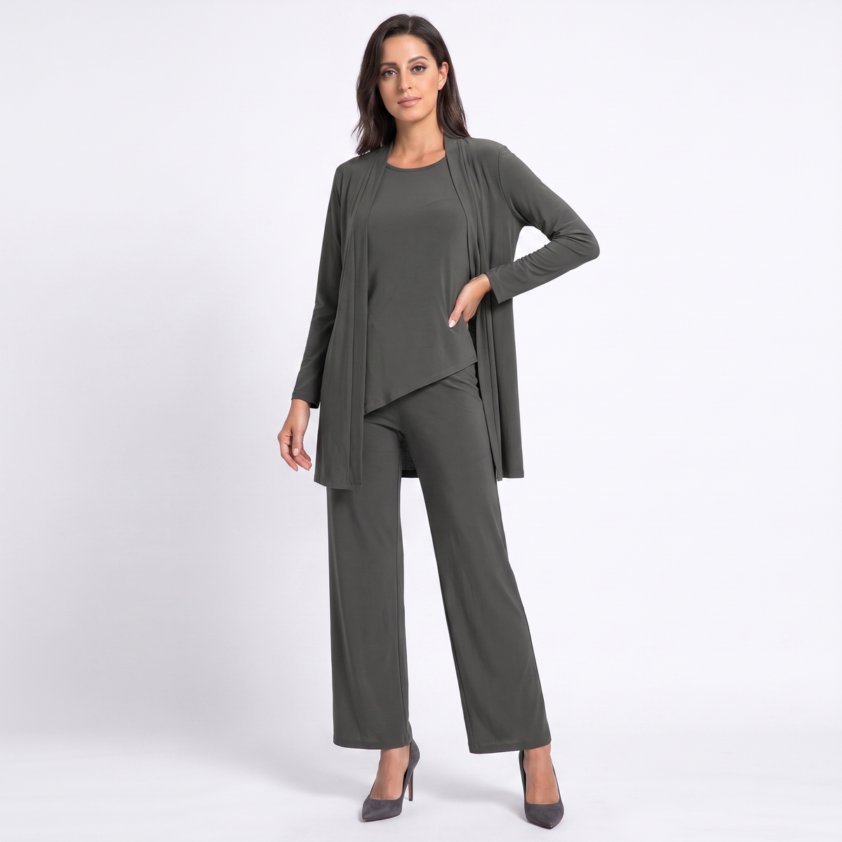 Women's Three Piece Pants Suit Set Longline Winter Cardigan Wide-Leg