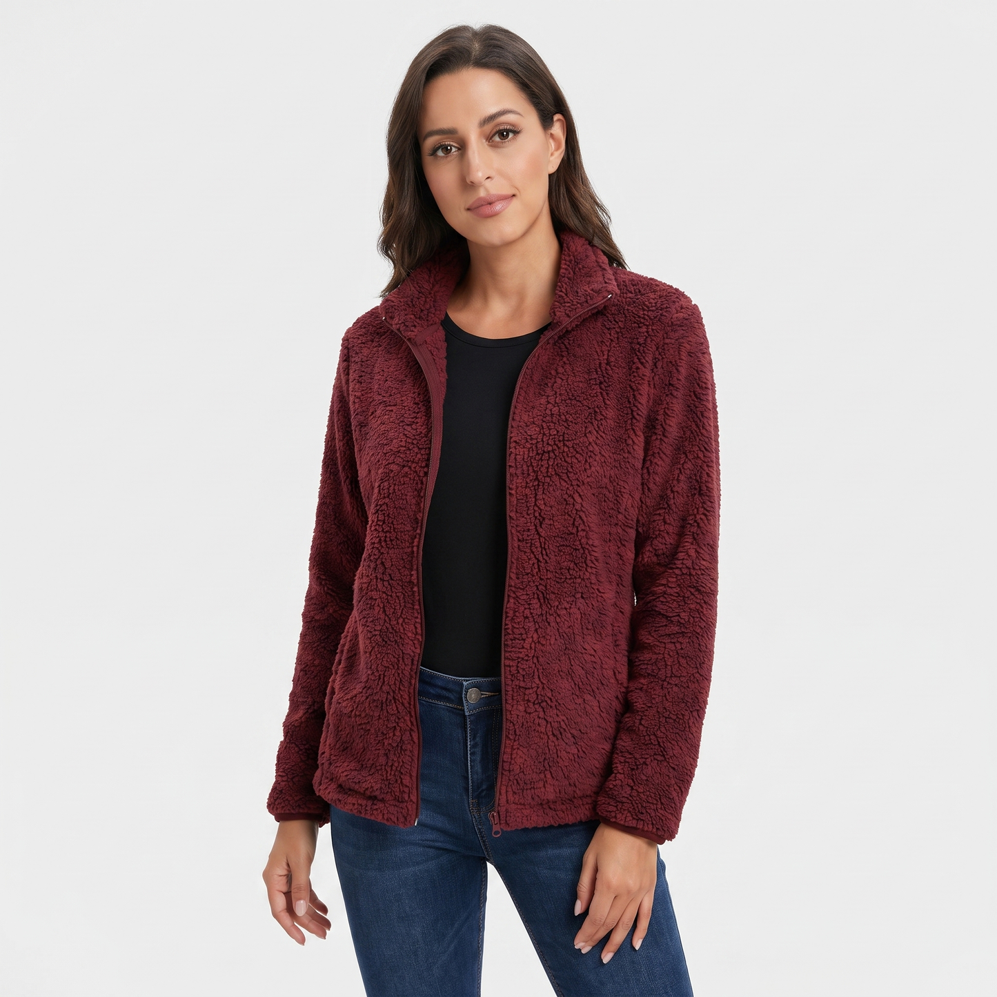 Women's Teddy Fleece Zip Up Jacket Stand Collar Fluffy Sherpa Casual Winter Coat