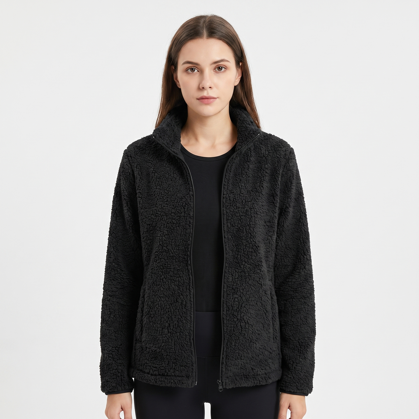 Women's Teddy Fleece Zip Up Jacket Stand Collar Fluffy Sherpa Casual Winter Coat