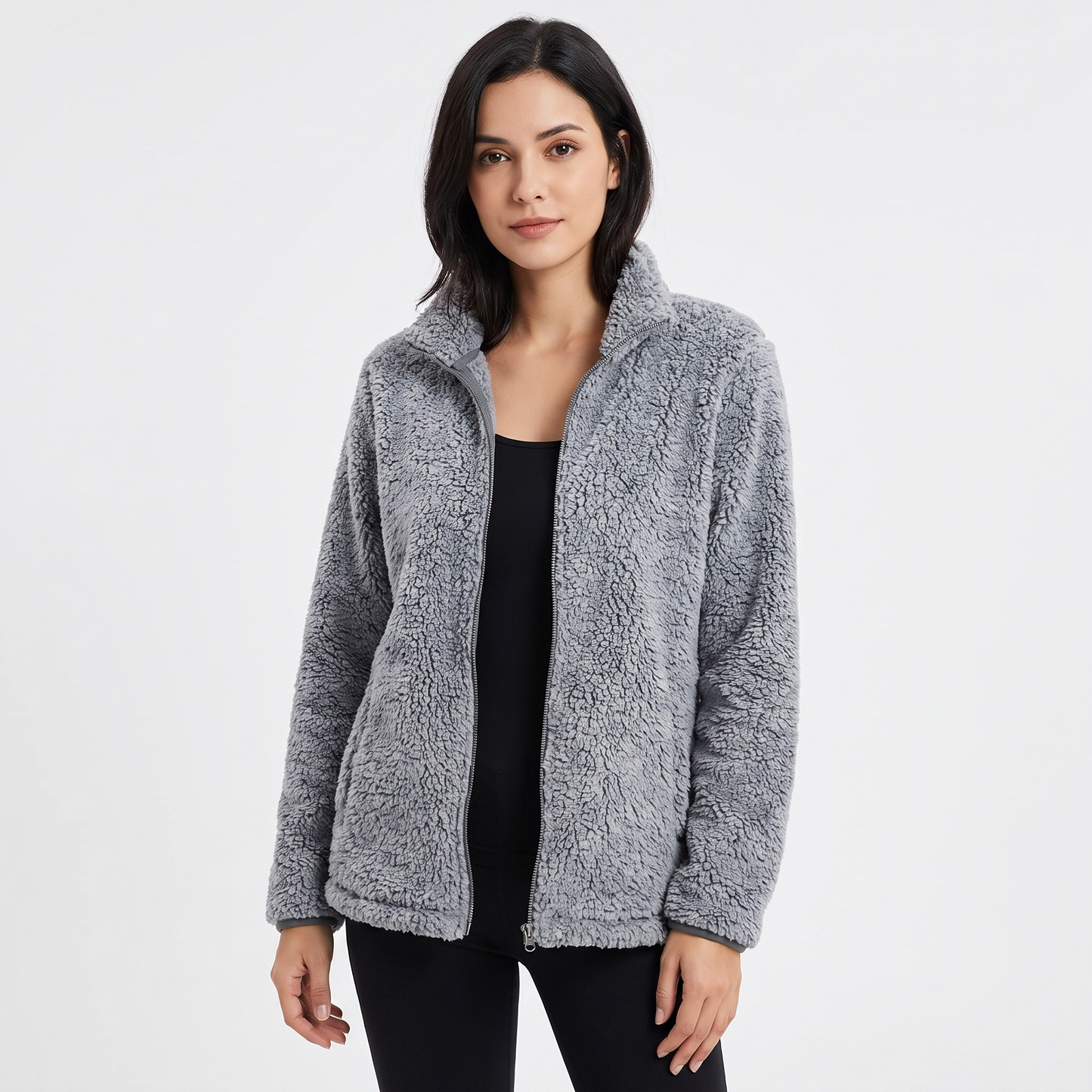 Women's Teddy Fleece Zip Up Jacket Stand Collar Fluffy Sherpa Casual Winter Coat