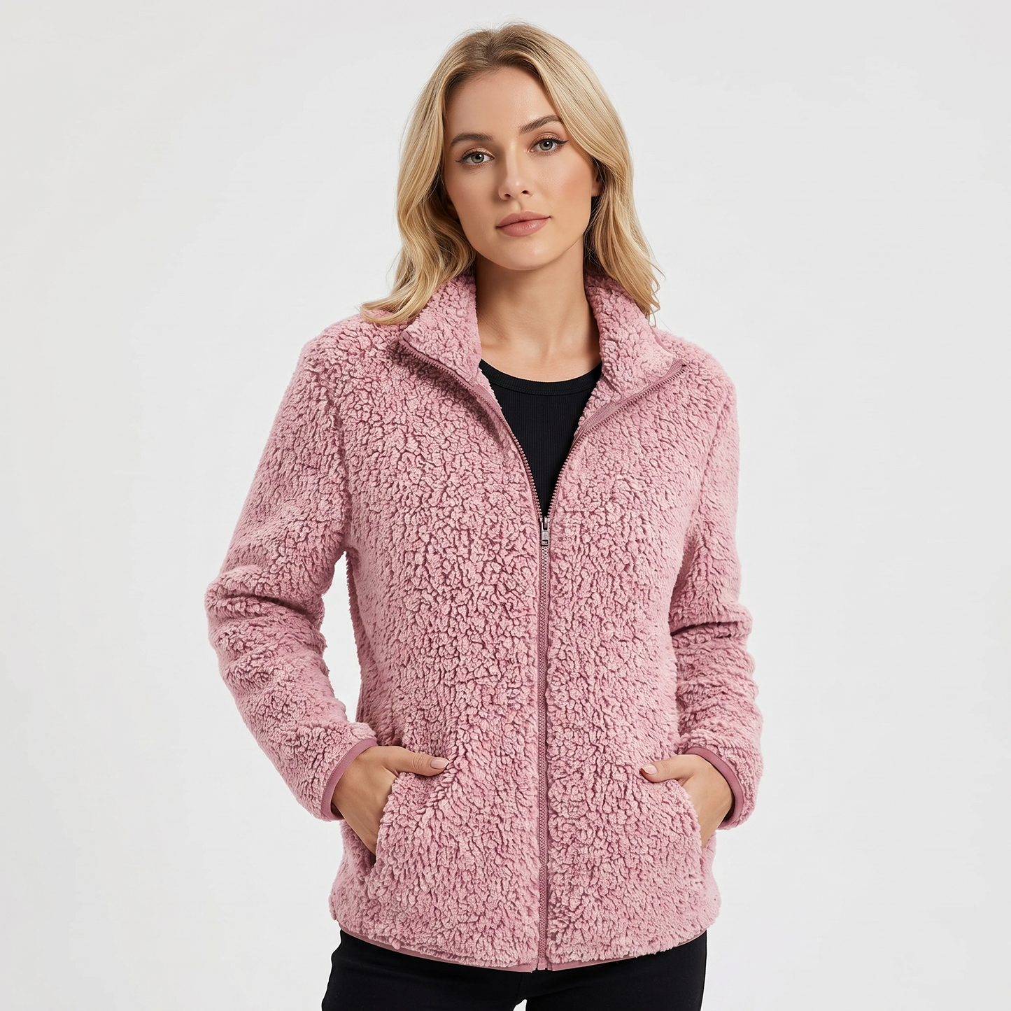Women's Teddy Fleece Zip Up Jacket Stand Collar Fluffy Sherpa Casual Winter Coat