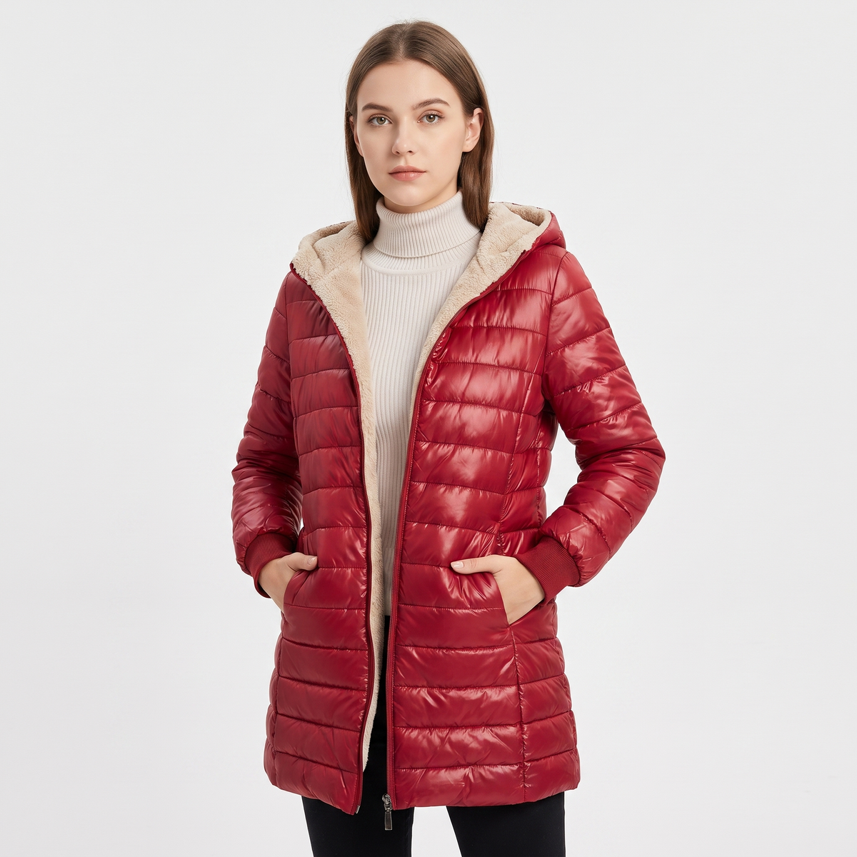 Women's Glossy Quilted Puffer Coat Sherpa Lined Hood Long Padded Jacket