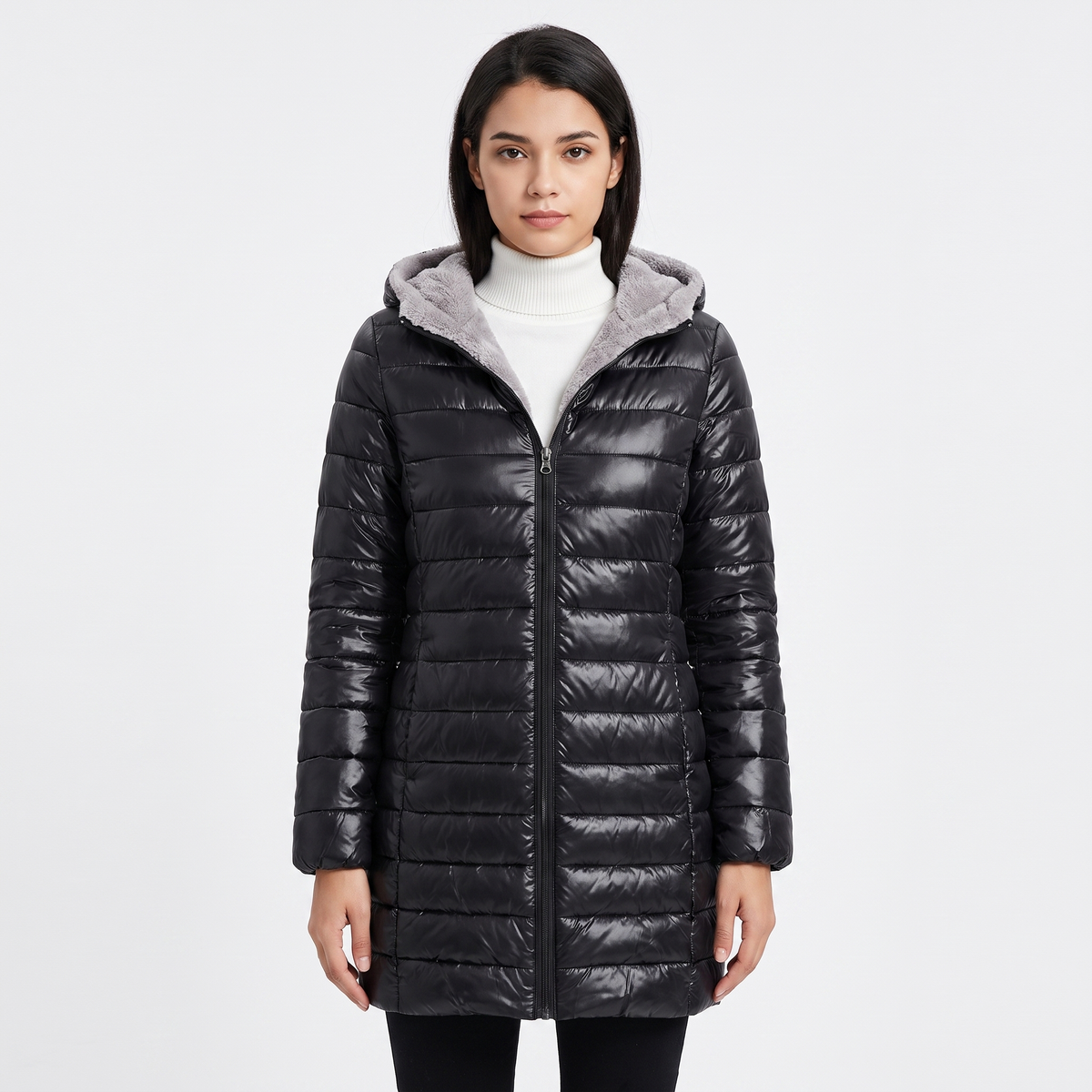 Women's Glossy Quilted Puffer Coat Sherpa Lined Hood Long Padded Jacket