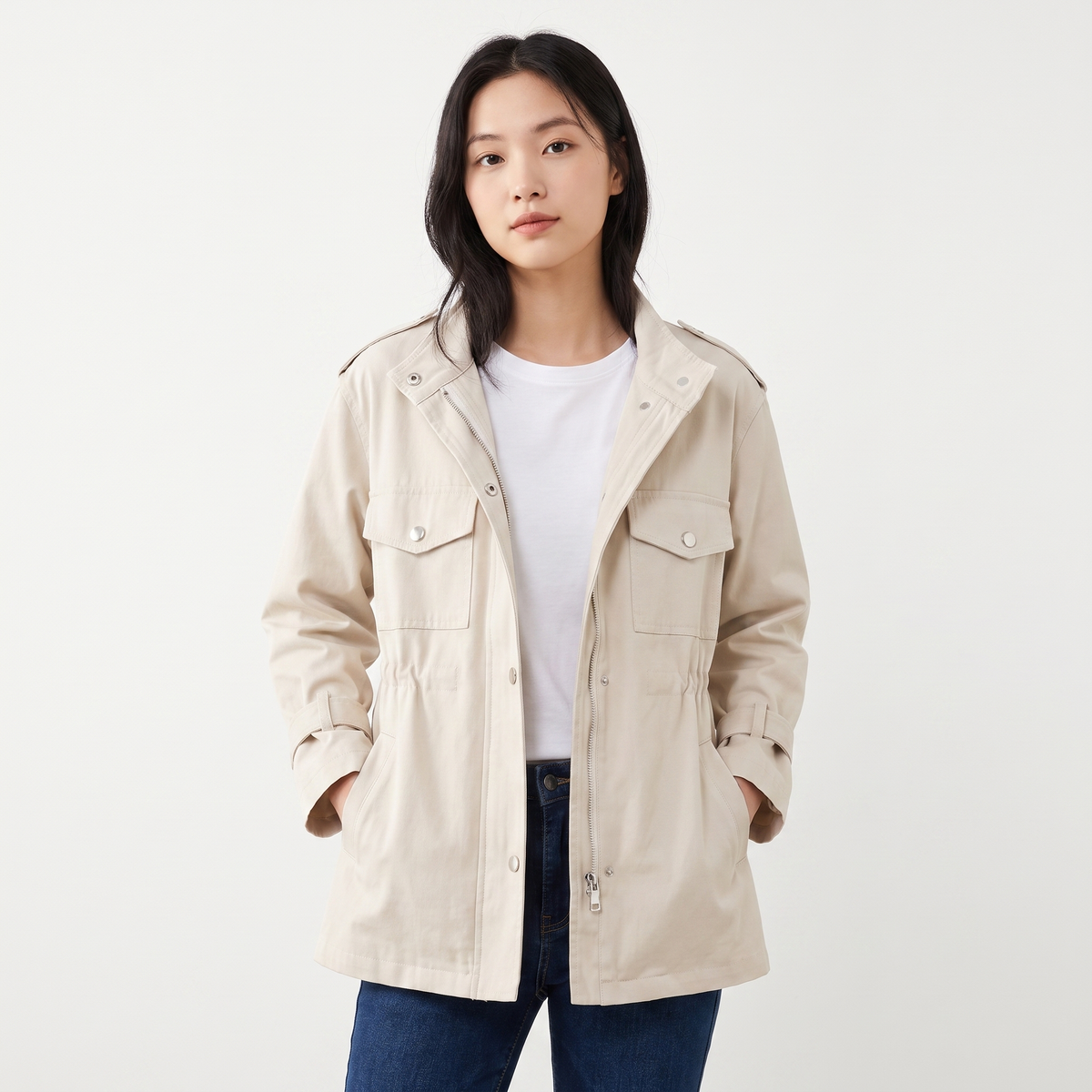 Women's Drawstring Waist Utility Jacket Zip-Up Chest Pockets Field Coat