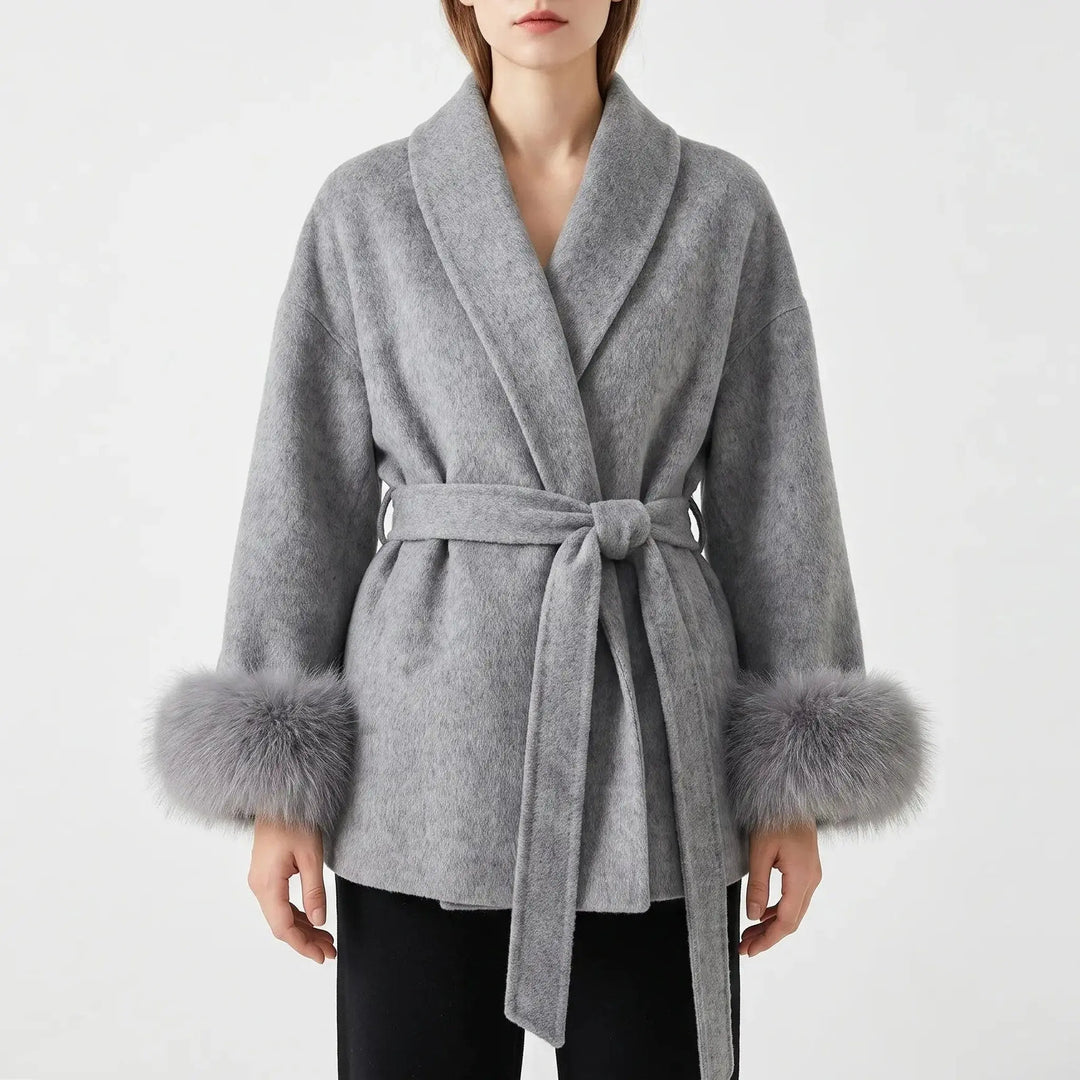 Women's Wool Blend Wrap Faux-Fur Cuffs Belted Shawl Collar Winter Coat Oxford and Hill