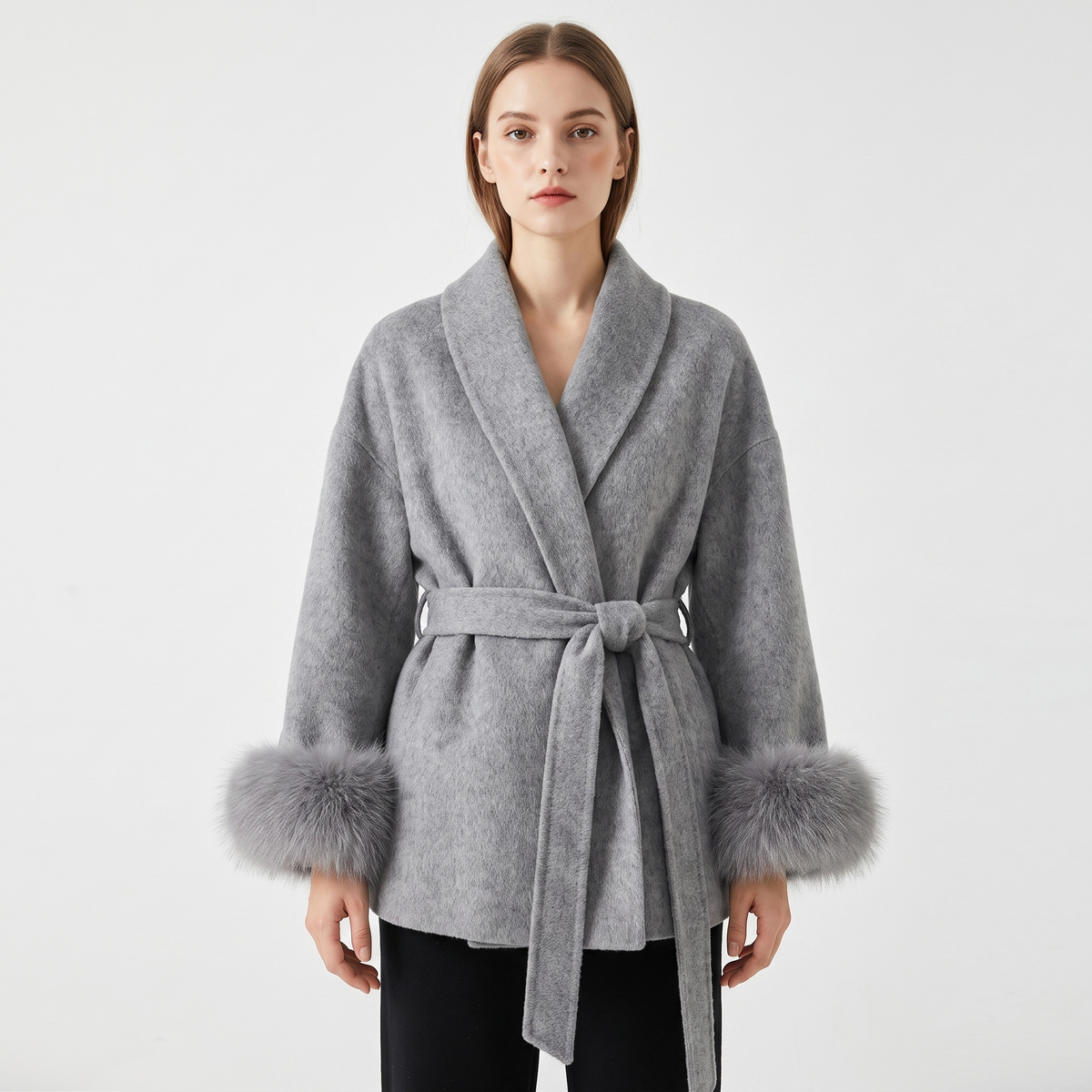 Women's Wool Blend Wrap Faux-Fur Cuffs Belted Shawl Collar Winter Coat