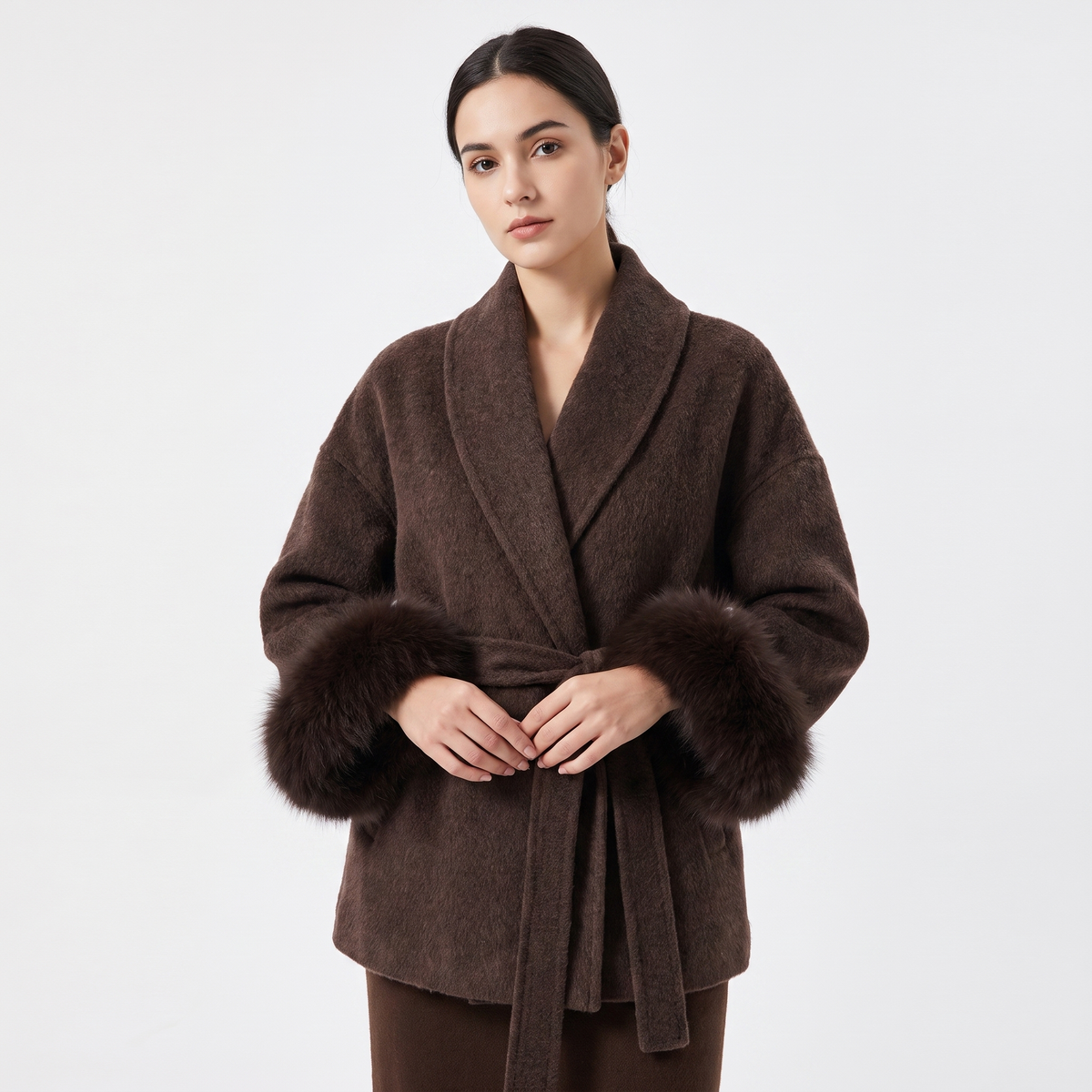 Women's Wool Blend Wrap Faux-Fur Cuffs Belted Shawl Collar Winter Coat