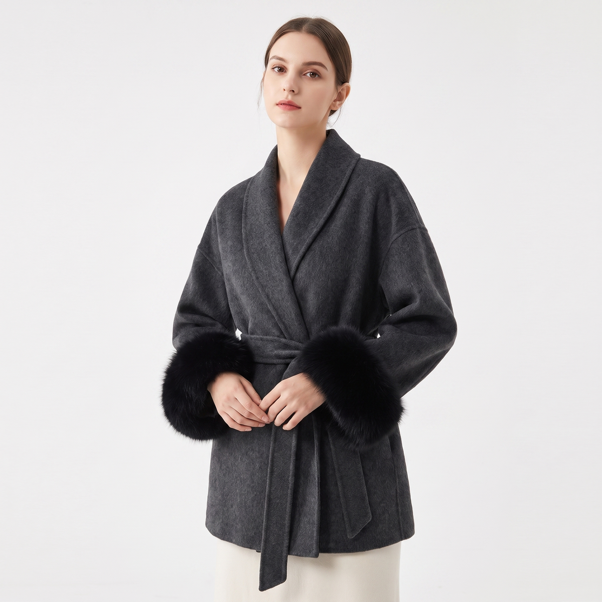 Women's Wool Blend Wrap Faux-Fur Cuffs Belted Shawl Collar Winter Coat