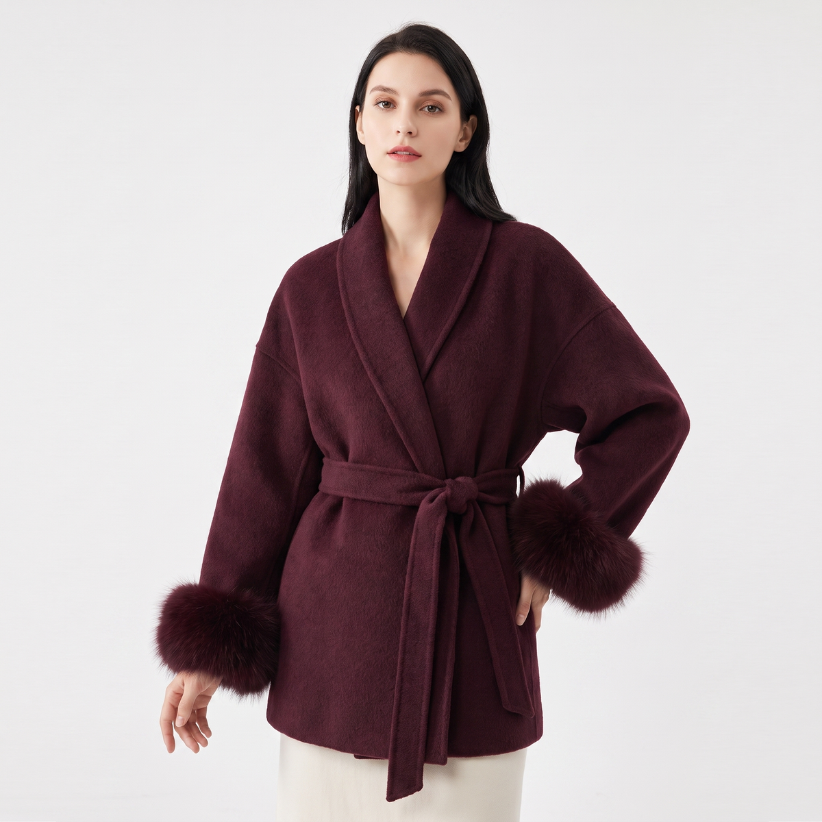 Women's Wool Blend Wrap Faux-Fur Cuffs Belted Shawl Collar Winter Coat