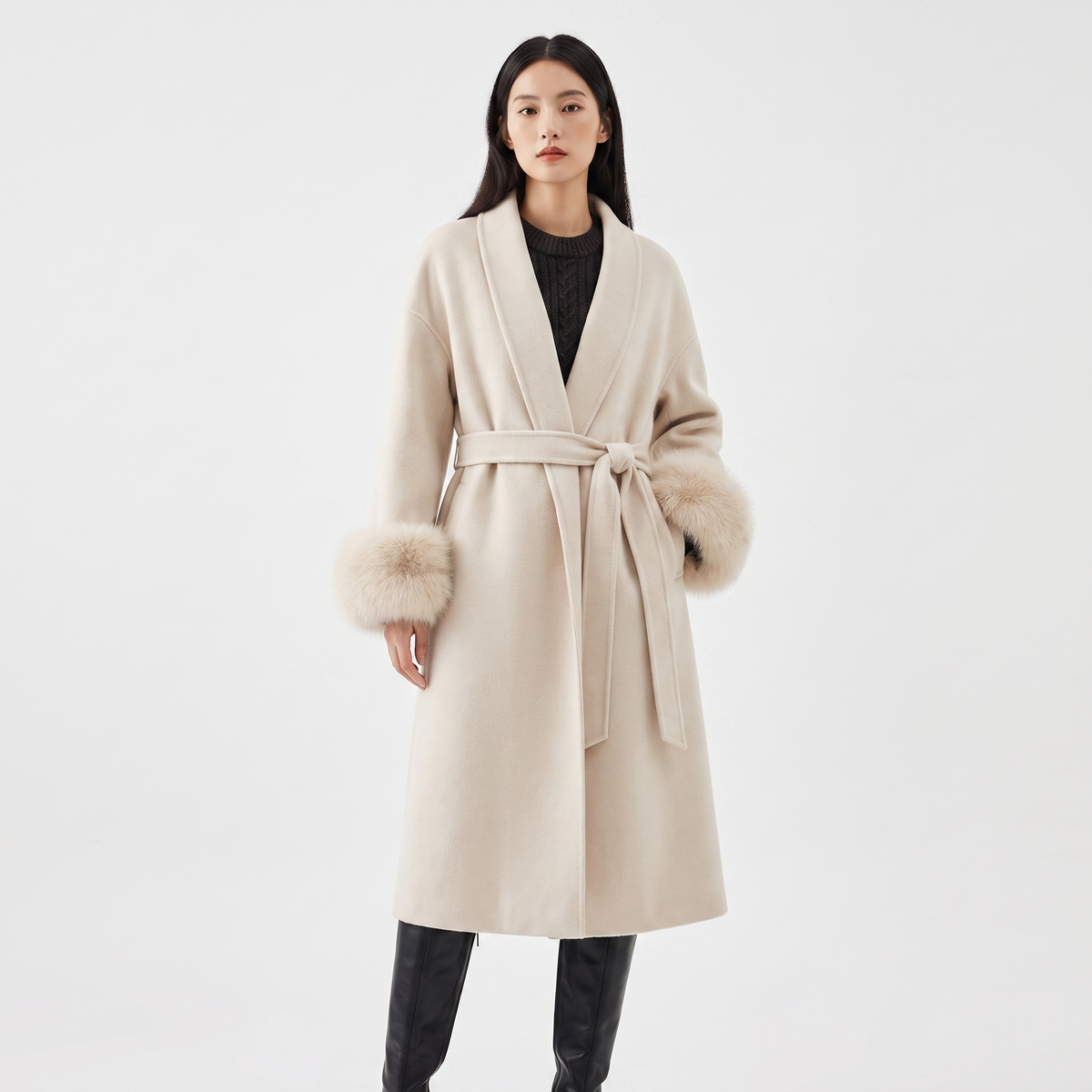 Women's Wool Blend Wrap Faux-Fur Cuffs Belted Shawl Collar Winter Coat