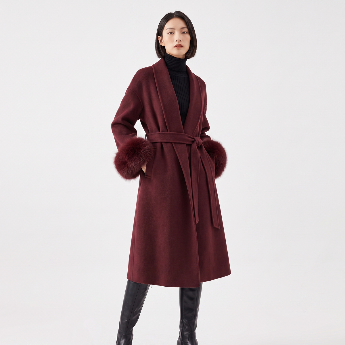 Women's Wool Blend Wrap Faux-Fur Cuffs Belted Shawl Collar Winter Coat