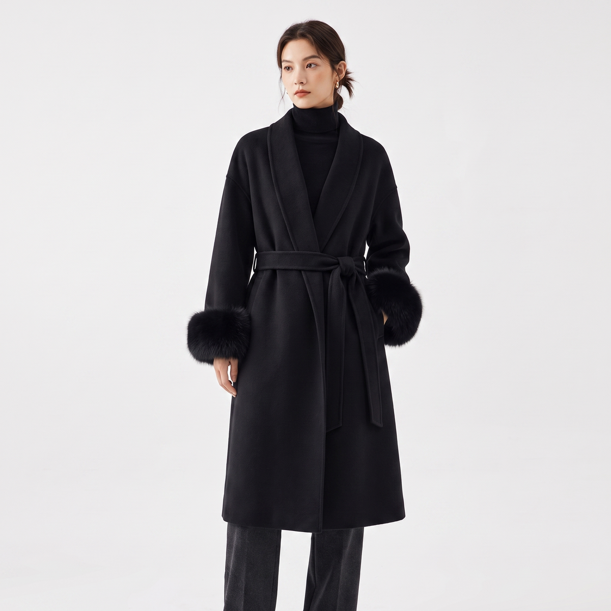 Women's Wool Blend Wrap Faux-Fur Cuffs Belted Shawl Collar Winter Coat