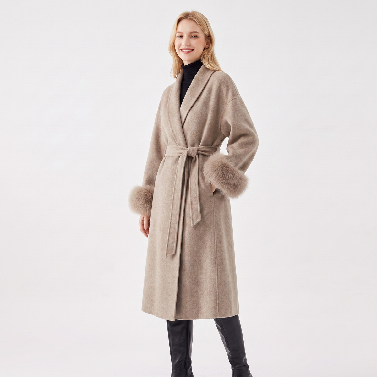 Women's Wool Blend Wrap Faux-Fur Cuffs Belted Shawl Collar Winter Coat