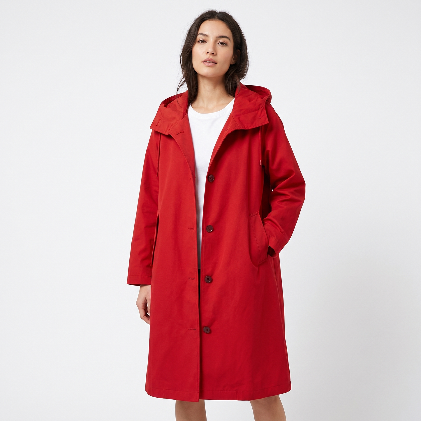 Women's Oversized Hooded Trench Coat Button Front Longline Casual Windbreaker Jacket