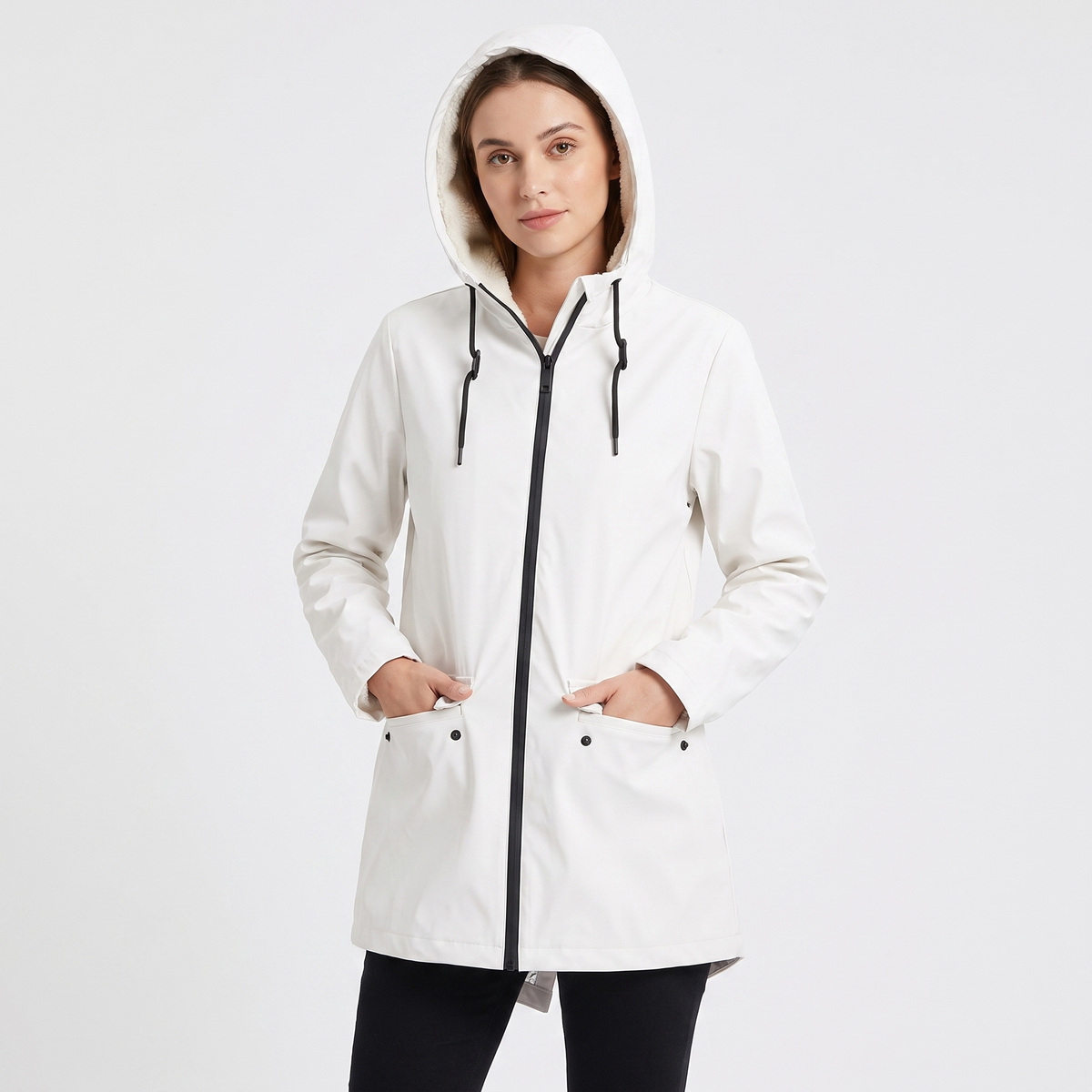 Women's Sherpa Lined Waterproof Rain Jacket Hooded Fleece Zip-Up Coat