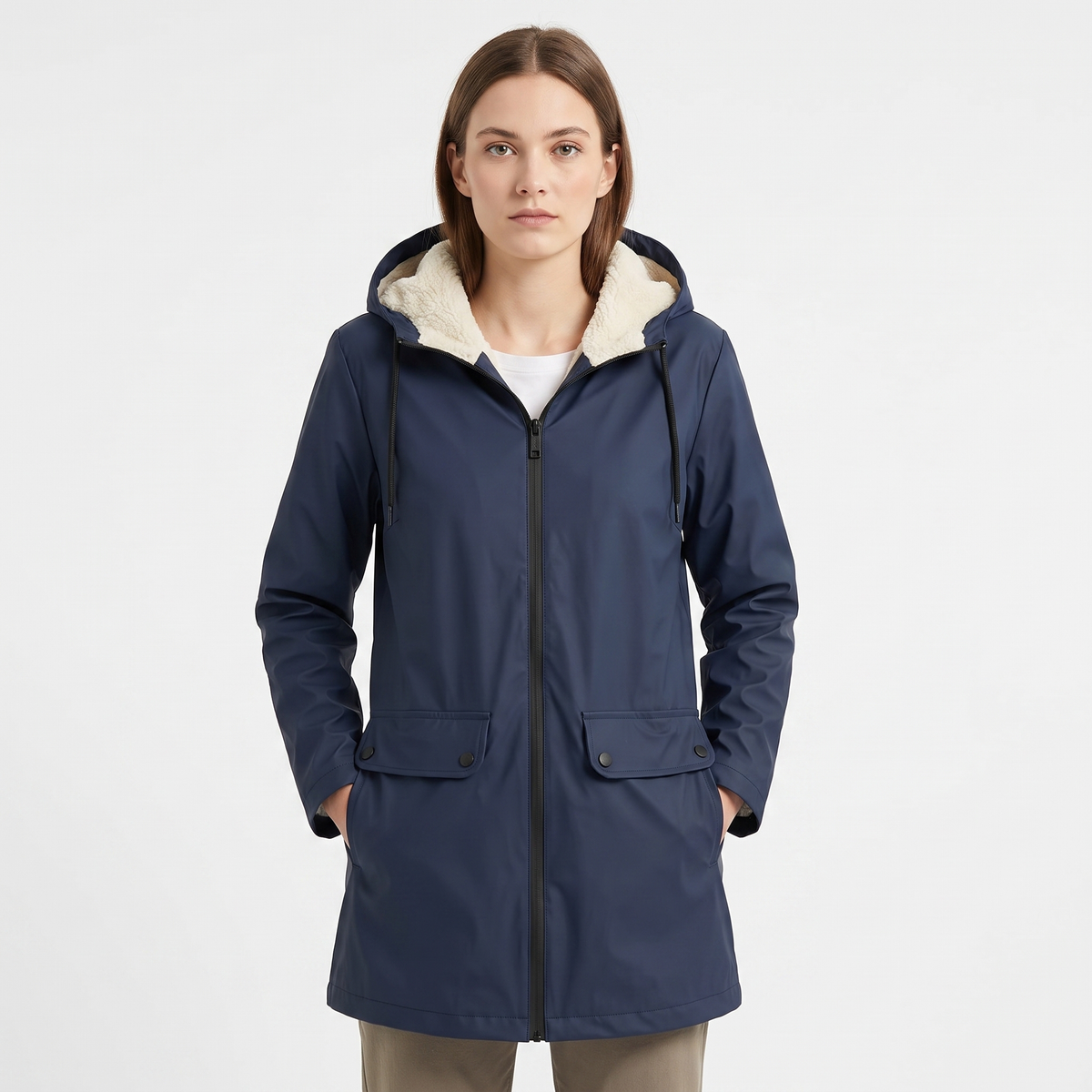 Women's Sherpa Lined Waterproof Rain Jacket Hooded Fleece Zip-Up Coat