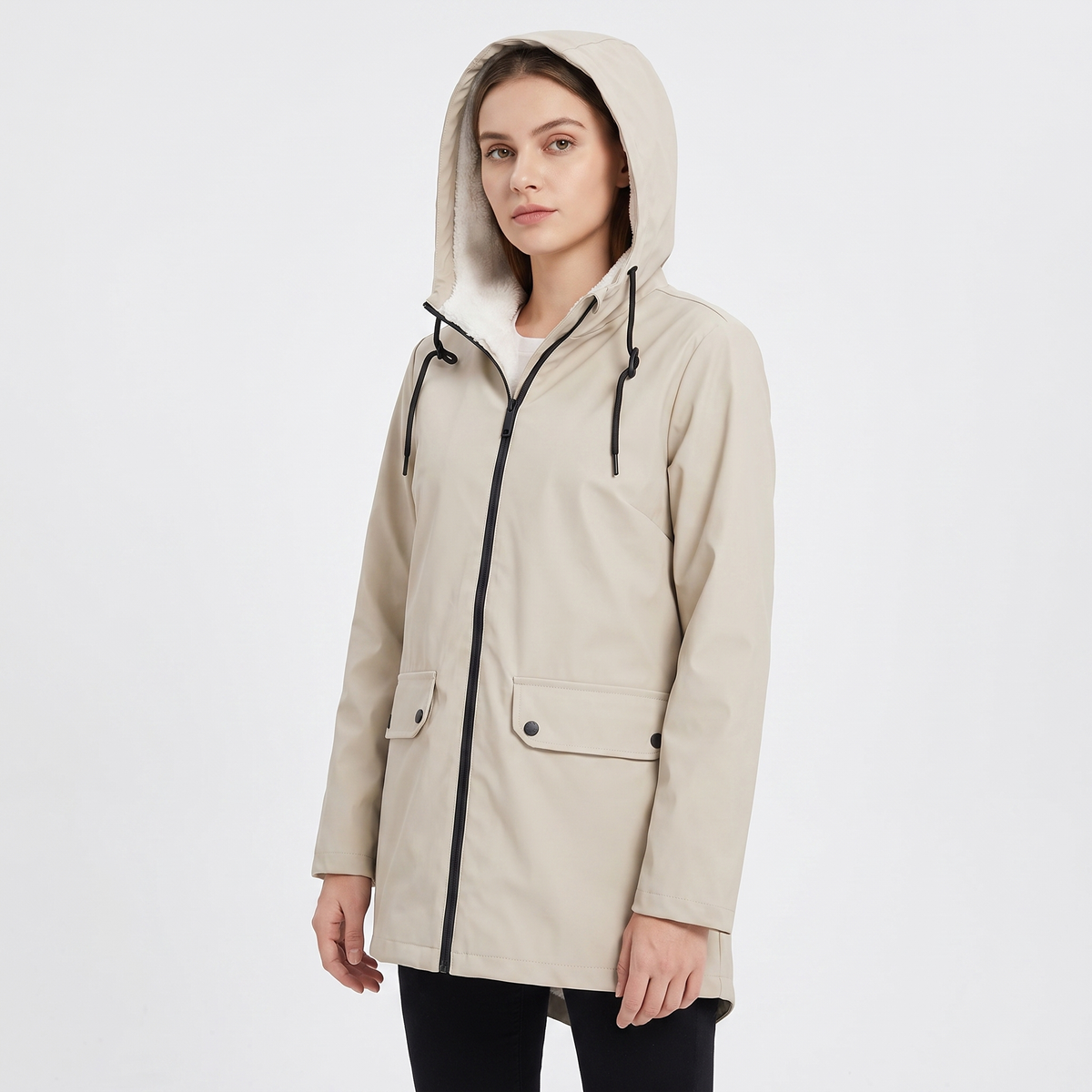 Women's Sherpa Lined Waterproof Rain Jacket Hooded Fleece Zip-Up Coat