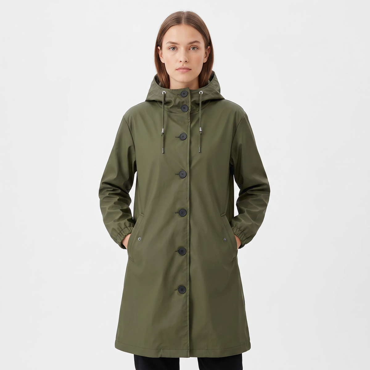 Women's Waterproof Hooded Rain Coat Button Front Longline Windproof Jacket