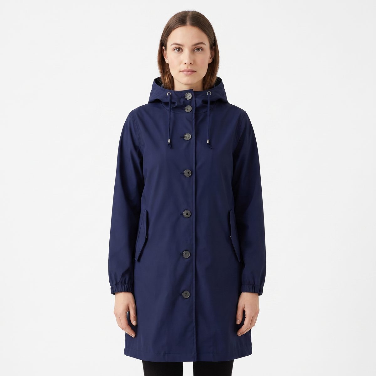 Women's Waterproof Hooded Rain Coat Button Front Longline Windproof Jacket
