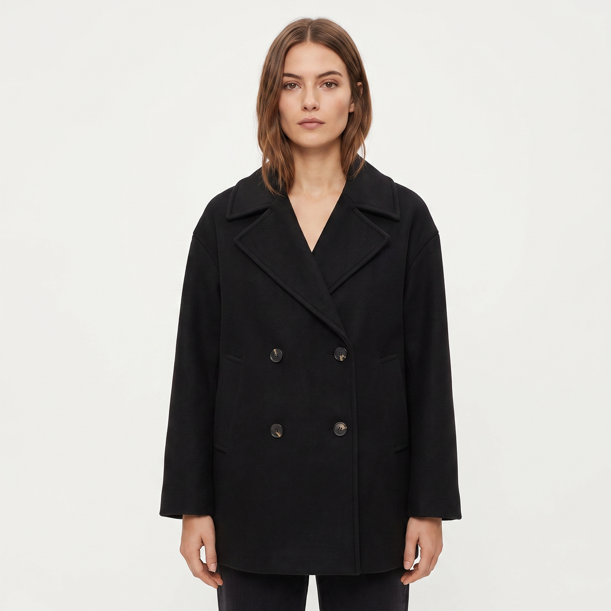 Women's Wool Blend Cropped Peacoat Oversized Double-Breasted Short Jacket