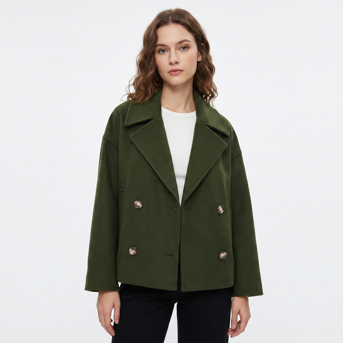 Women's Wool Blend Cropped Peacoat Oversized Double-Breasted Short Jacket