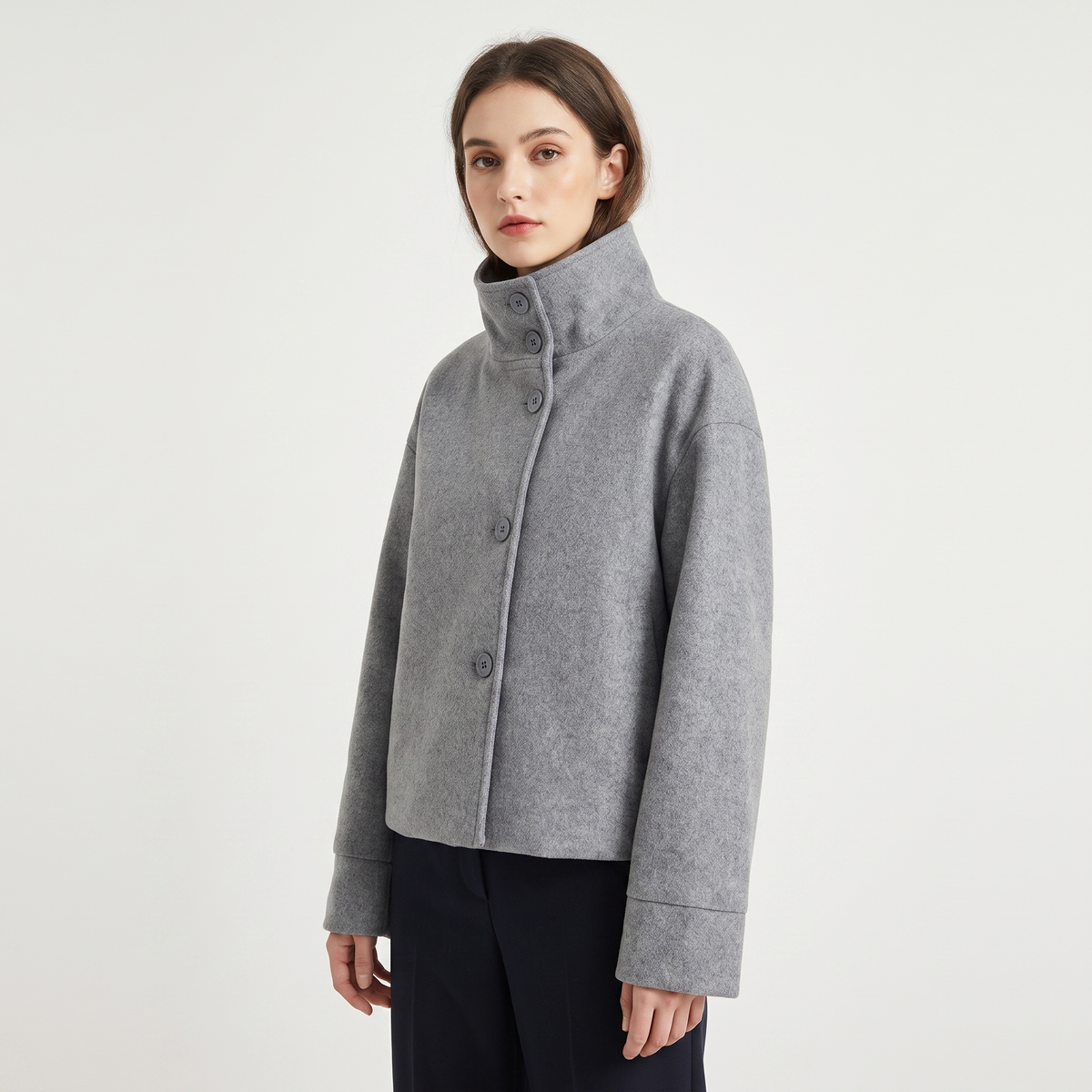 Women's Wool Blend Cropped Jacket Oversized Boxy Button Front Short Coat