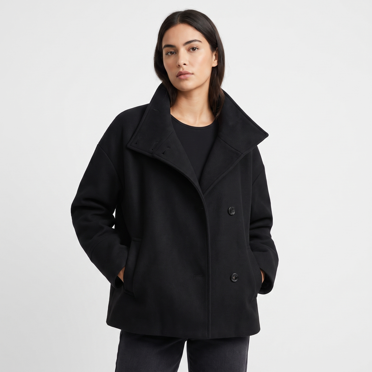 Women's Wool Blend Cropped Jacket Oversized Boxy Button Front Short Coat