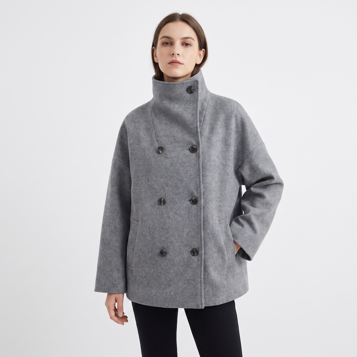 Women's Wool Blend Cropped Jacket Oversized Boxy Button Front Short Coat