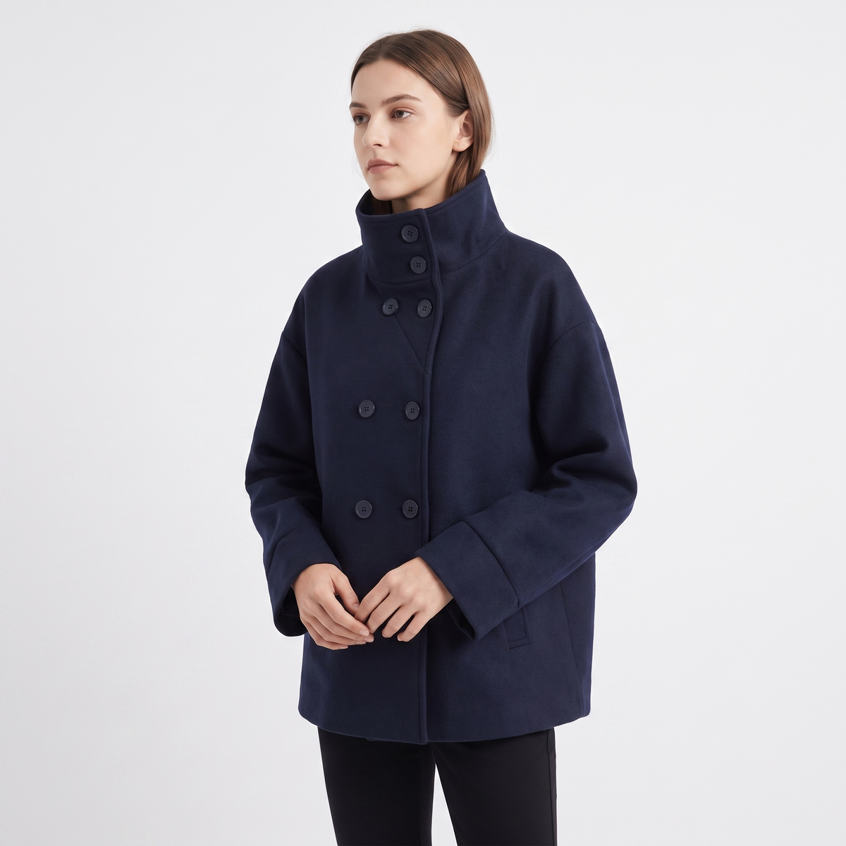 Women's Wool Blend Cropped Jacket Oversized Boxy Button Front Short Coat