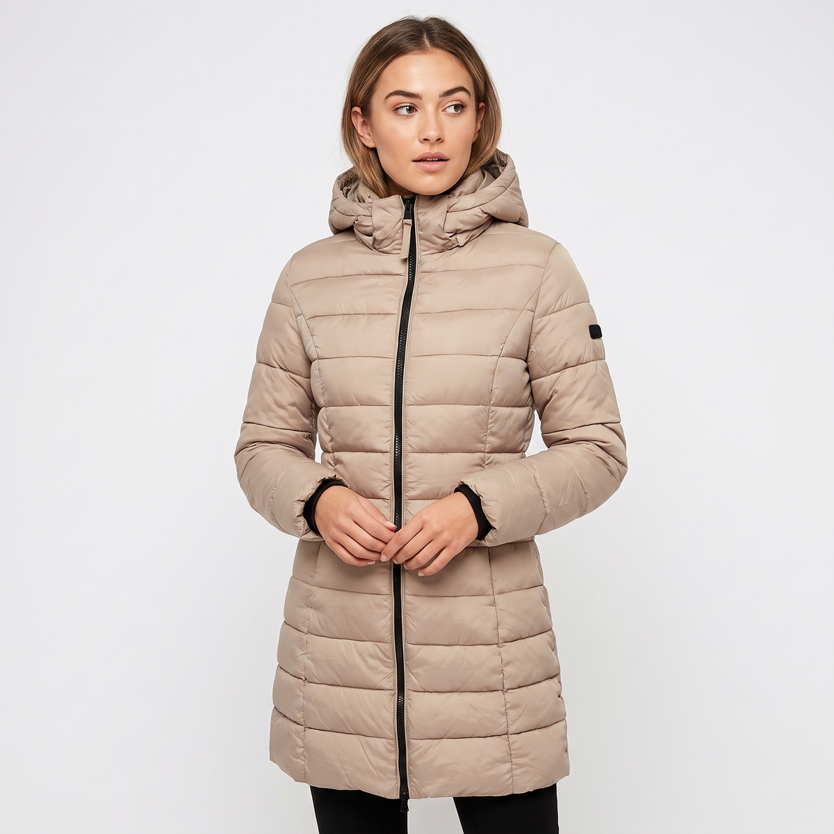 Women's Fitted Hooded Puffer Coat Quilted Zip-Up Longline Padded Jacket