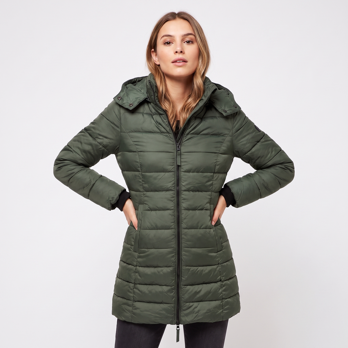 Women's Fitted Hooded Puffer Coat Quilted Zip-Up Longline Padded Jacket