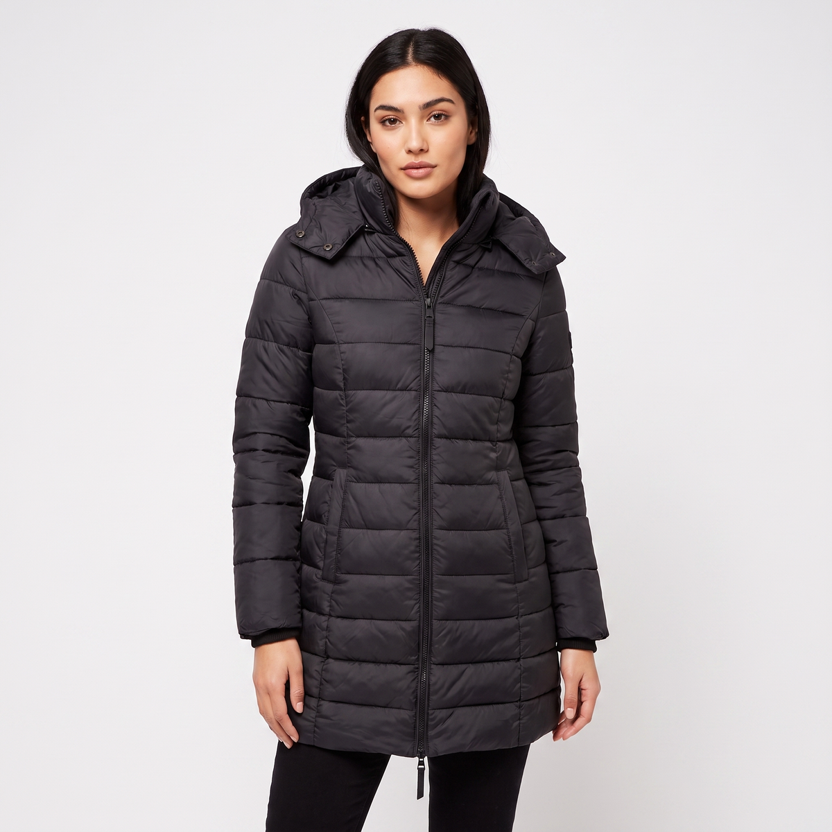 Women's Fitted Hooded Puffer Coat Quilted Zip-Up Longline Padded Jacket