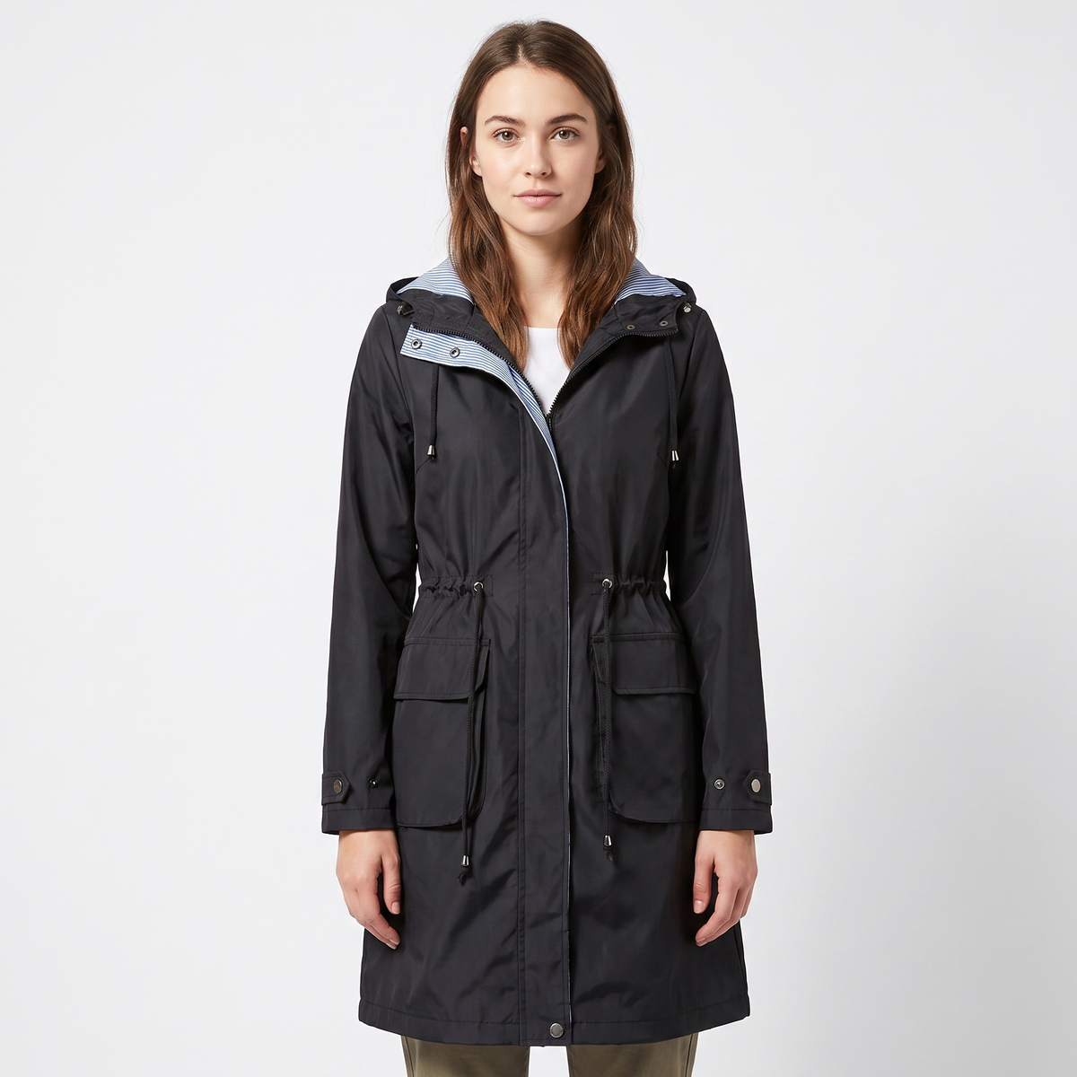 Women's Waterproof Longline Rain Coat Hooded Drawstring Waist Stripe Jacket