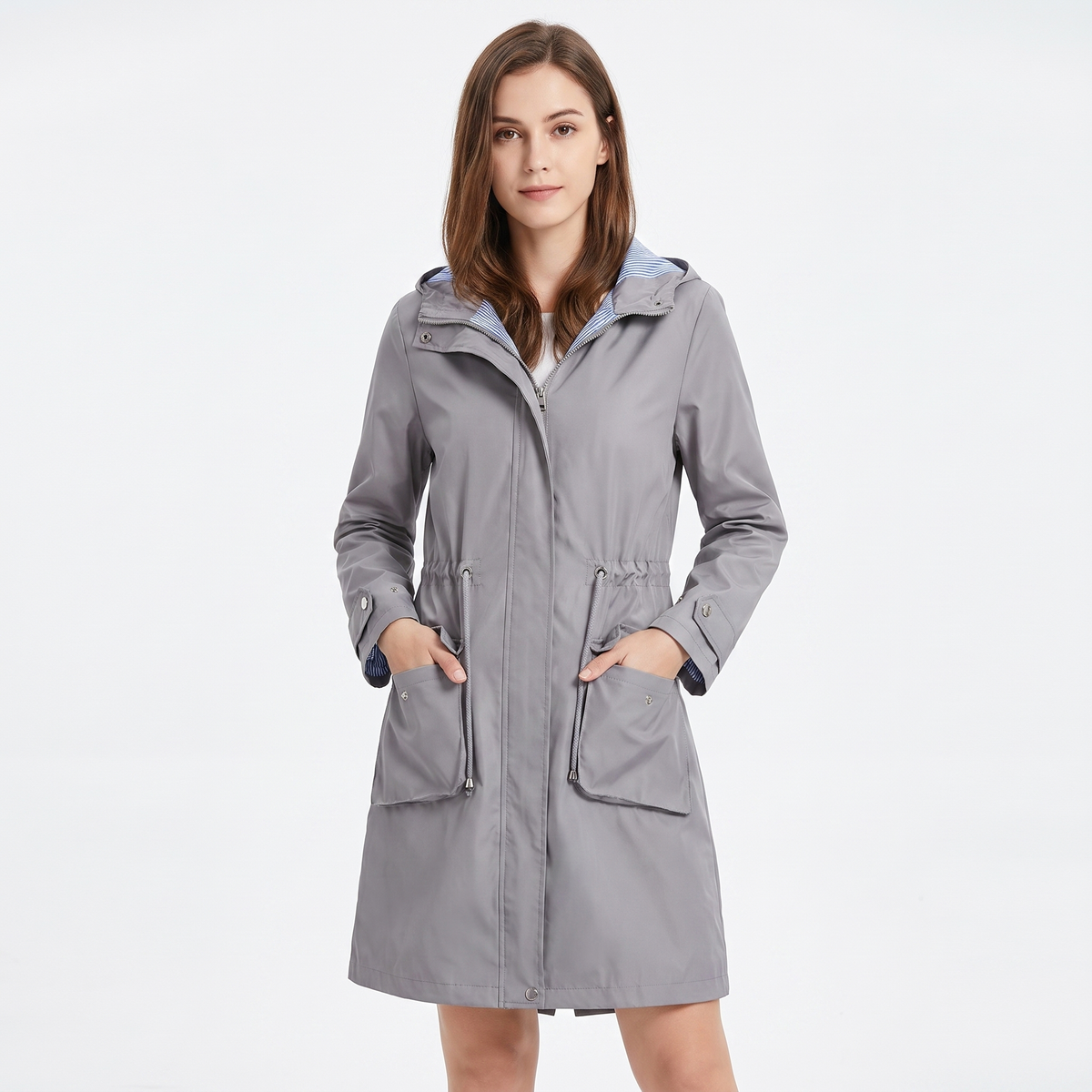 Women's Waterproof Longline Rain Coat Hooded Drawstring Waist Stripe Jacket