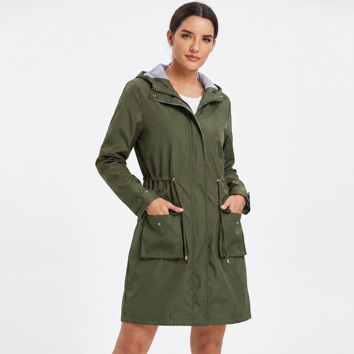 Women's Waterproof Longline Rain Coat Hooded Drawstring Waist Stripe Jacket