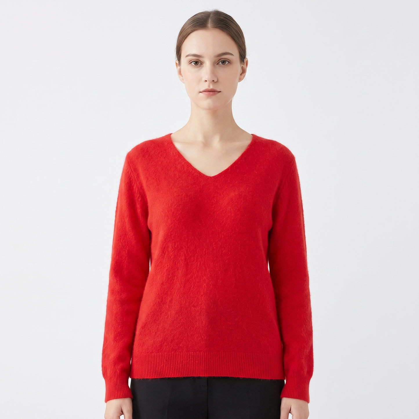 Women's Soft Fluffy Knit V-Neck Sweater Relaxed Fit Long Sleeve Casual Pullover Top