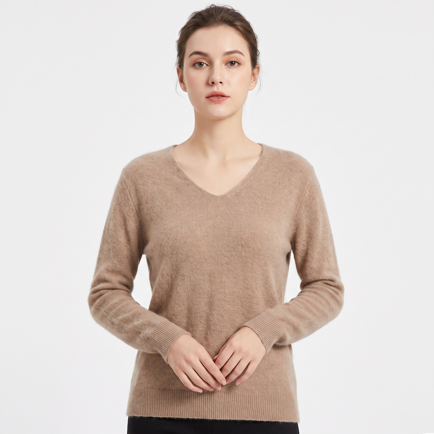 Women's Soft Fluffy Knit V-Neck Sweater Relaxed Fit Long Sleeve Casual Pullover Top