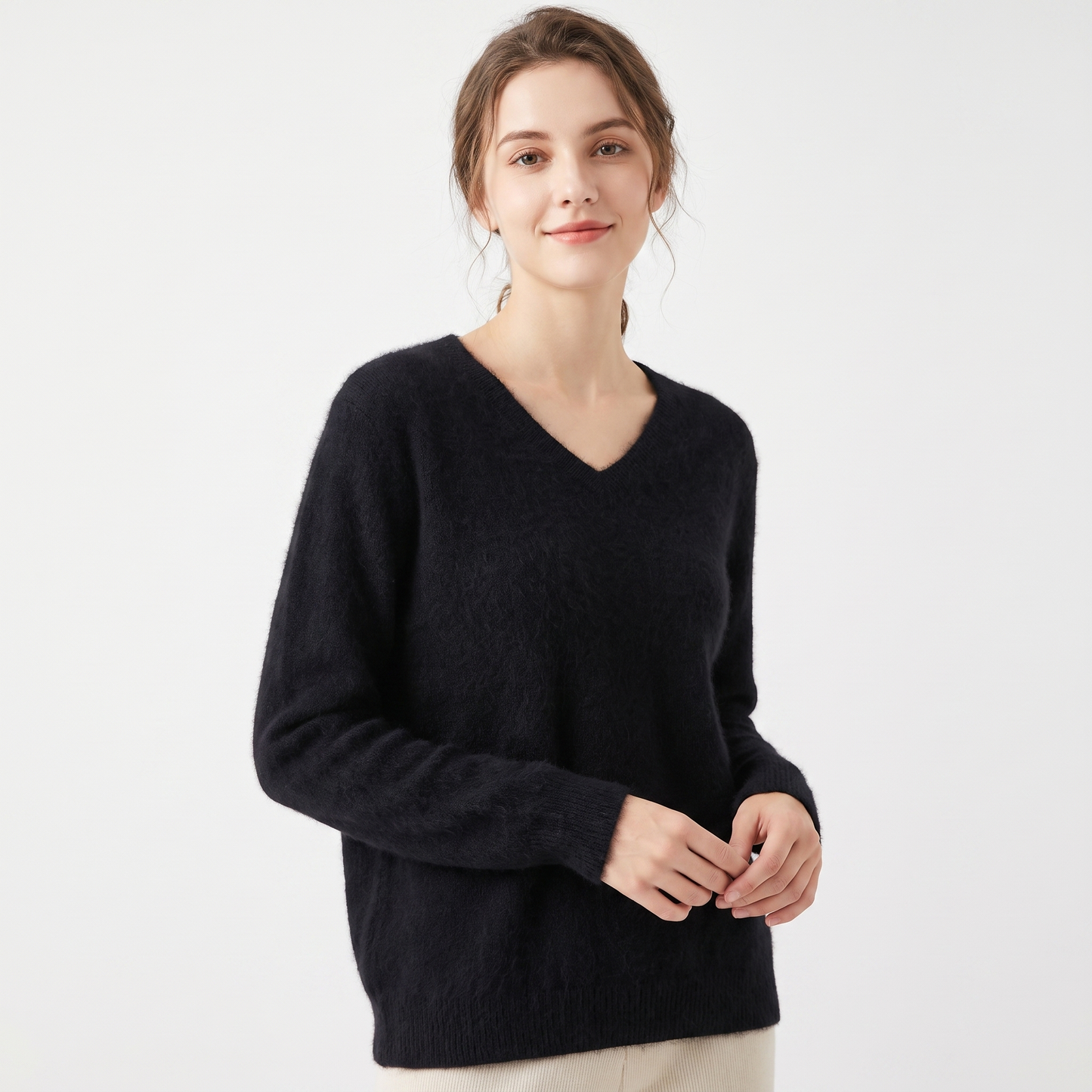 Women's Soft Fluffy Knit V-Neck Sweater Relaxed Fit Long Sleeve Casual Pullover Top