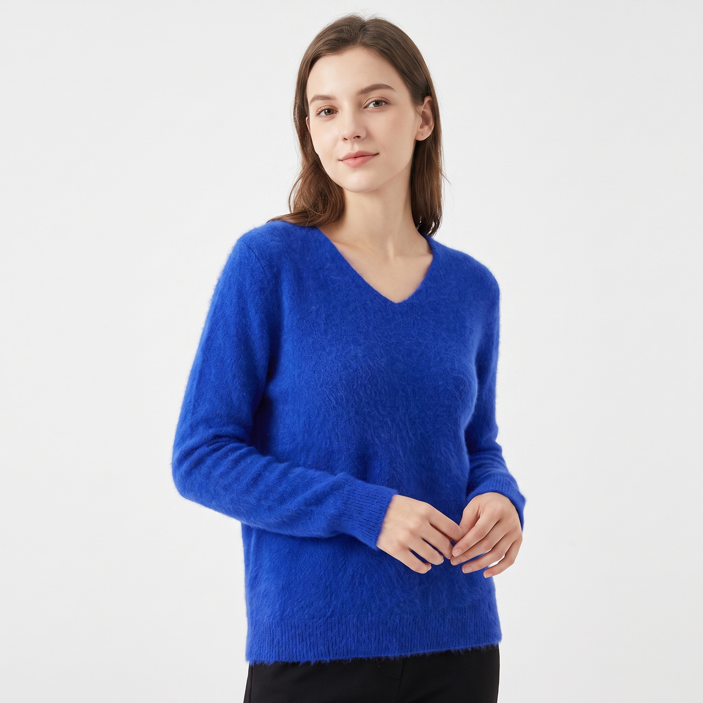 Women's Soft Fluffy Knit V-Neck Sweater Relaxed Fit Long Sleeve Casual Pullover Top
