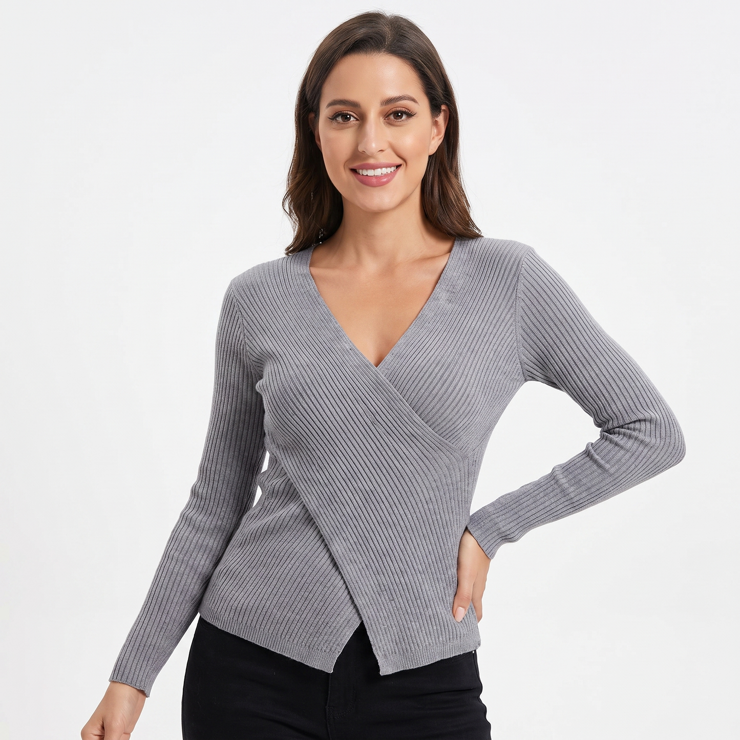 Women's Ribbed Wrap V-Neck Knit Top Long Sleeve Fitted Slim Stretch Pullover