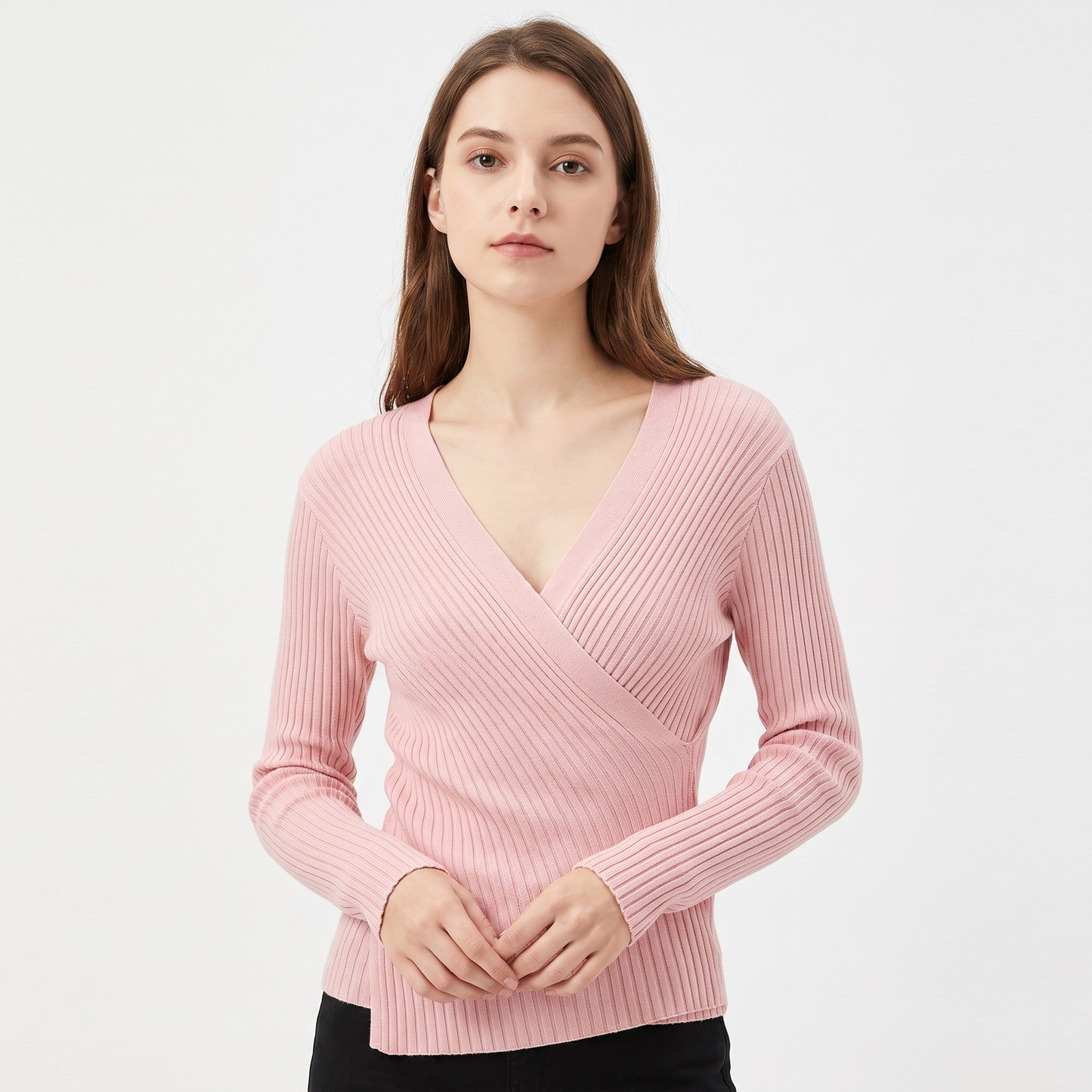 Women's Ribbed Wrap V-Neck Knit Top Long Sleeve Fitted Slim Stretch Pullover