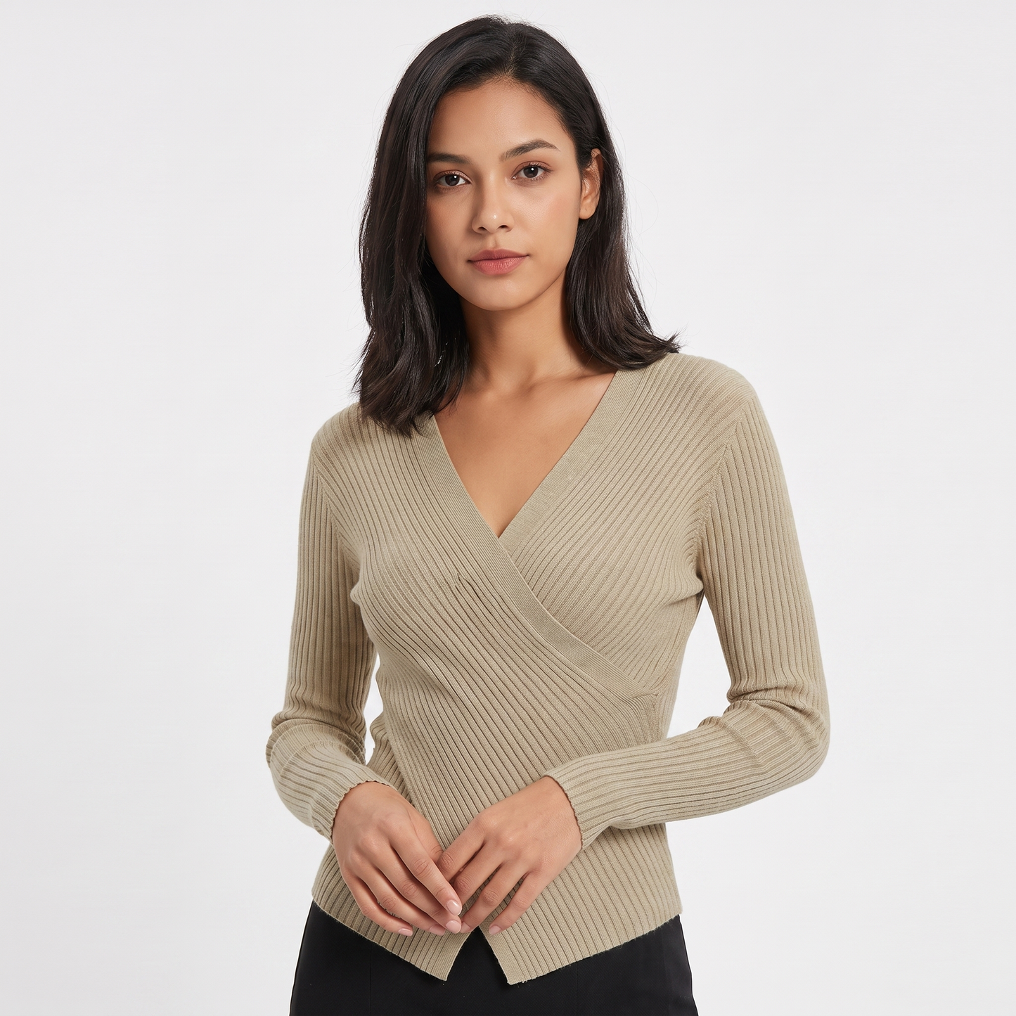 Women's Ribbed Wrap V-Neck Knit Top Long Sleeve Fitted Slim Stretch Pullover