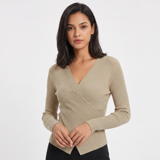 Women's Ribbed Wrap V-Neck Knit Top Long Sleeve Fitted Slim Stretch Pullover