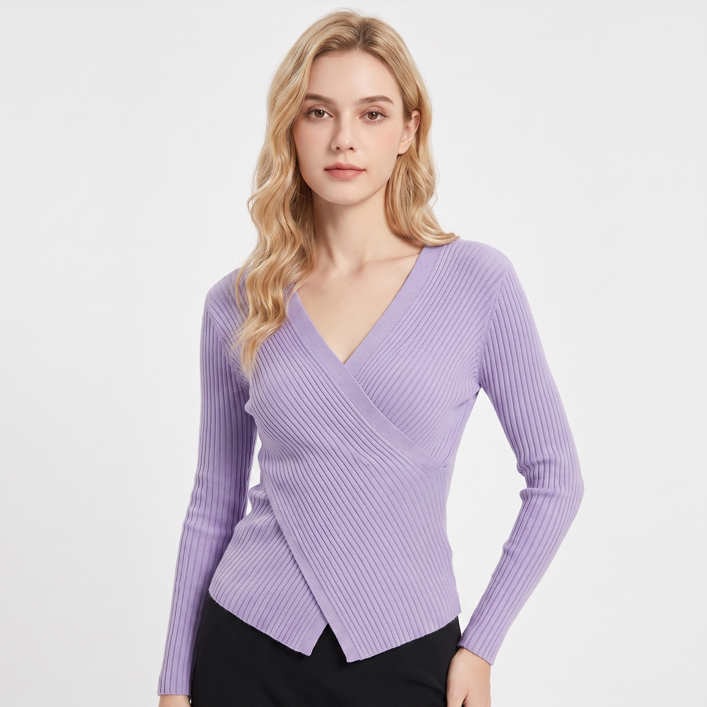 Women's Ribbed Wrap V-Neck Knit Top Long Sleeve Fitted Slim Stretch Pullover