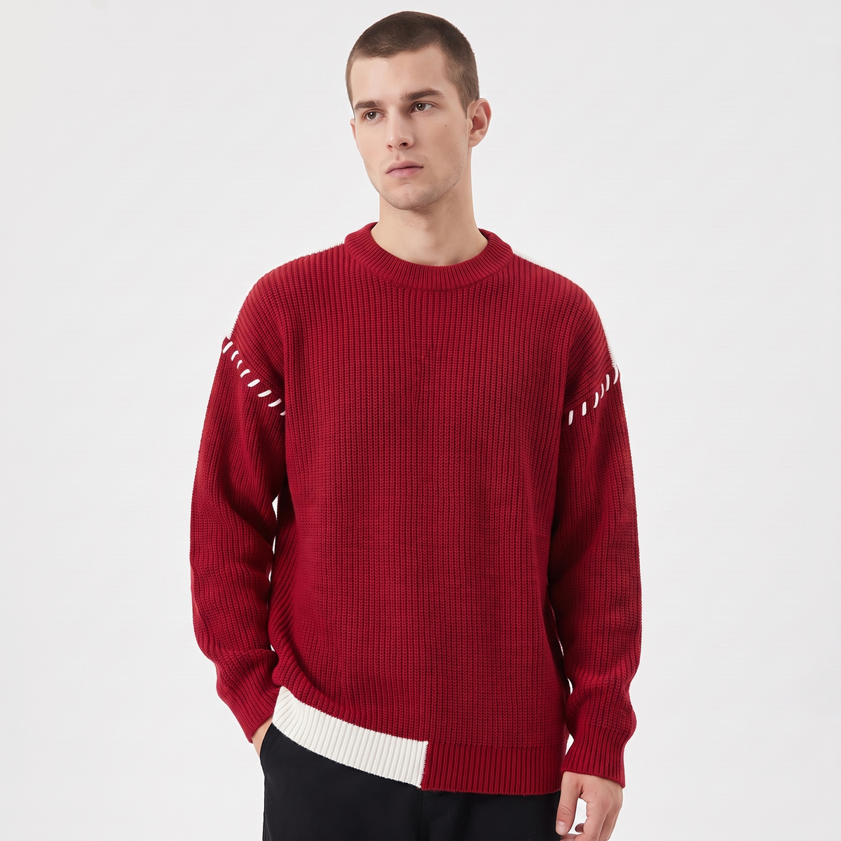 Men's Oversized Chunky Knit Sweater Crew-Neck Contrast Stripe Detail